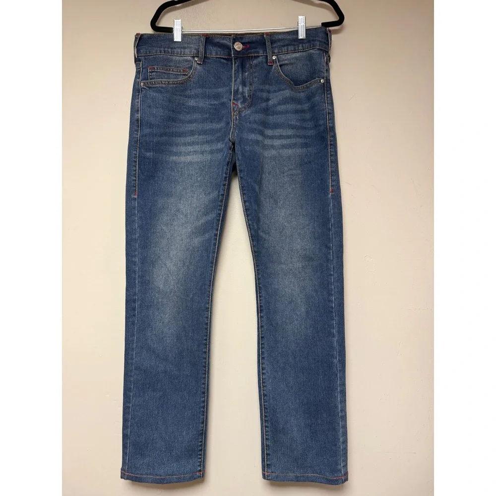 True Religion Ricky Relaxed Straight Jeans Mens 33 Blue Excellent Red Stitching
